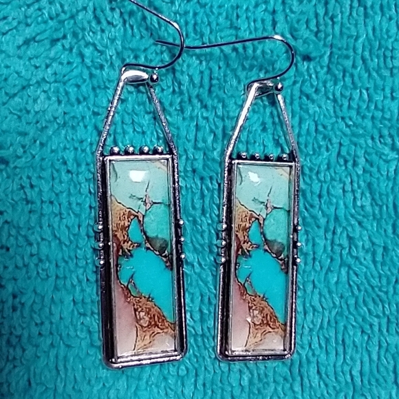 Turquoise Pink and Silver marble Wire Dangle Earrings - Picture 1 of 3